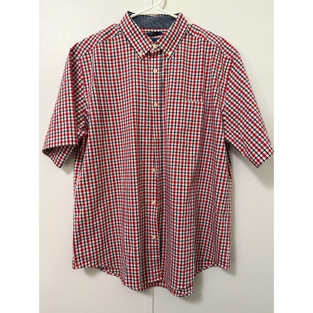 Mason James Mens L Blue Red White Gingham Short Sleeve Stretch Button Down Shirt